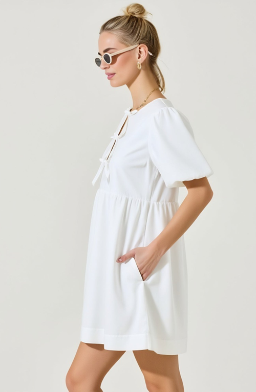Modenaire Puff Sleeve Mini Dress With Keyhole Front And Bow Tie Detail In White
