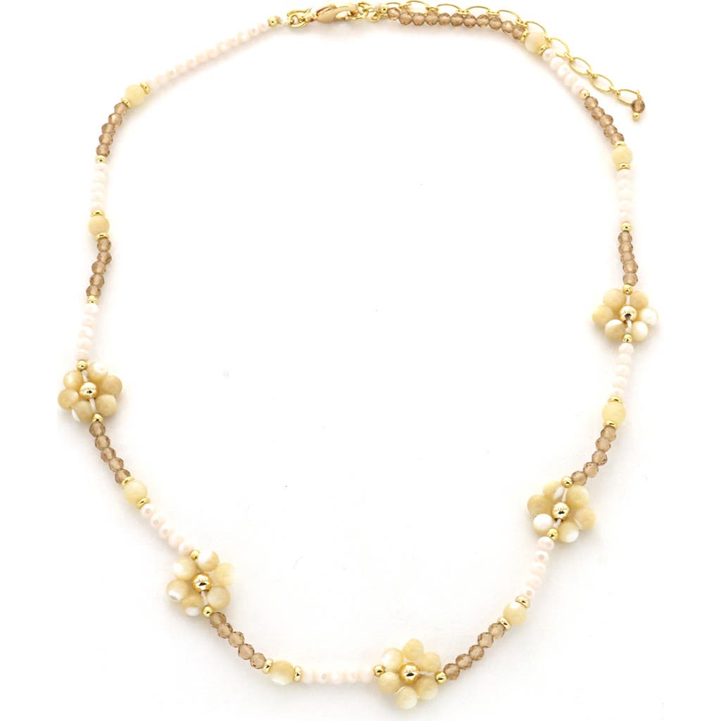 Panacea Beaded Flower Station Necklace In Beige
