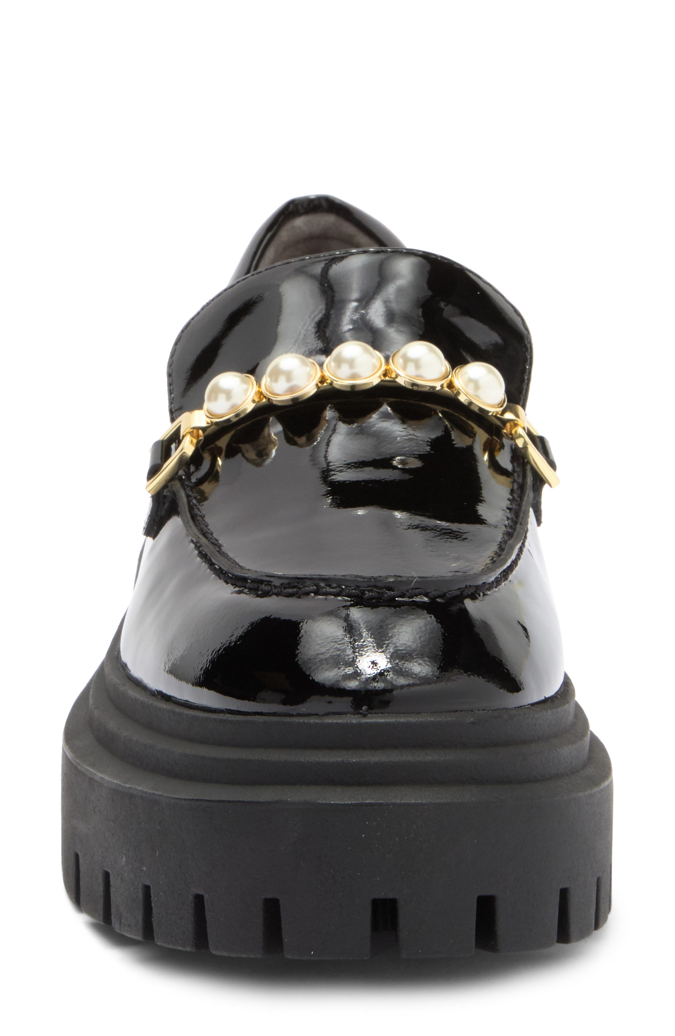 Stuart Weitzman Perla Imitation Pearl Lug Sole Loafer, Alternate, color, Black