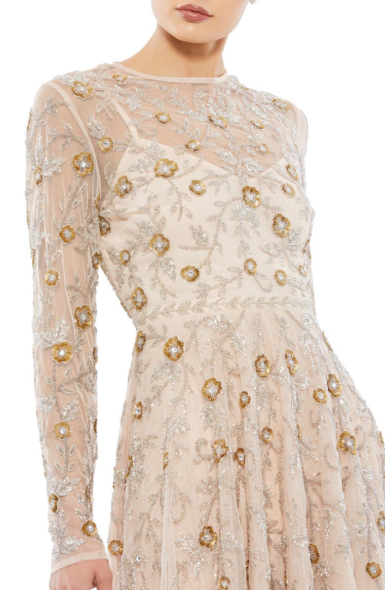 Mac Duggal Beaded Floral Long Sleeve Cocktail Midi Dress, Alternate, color, 