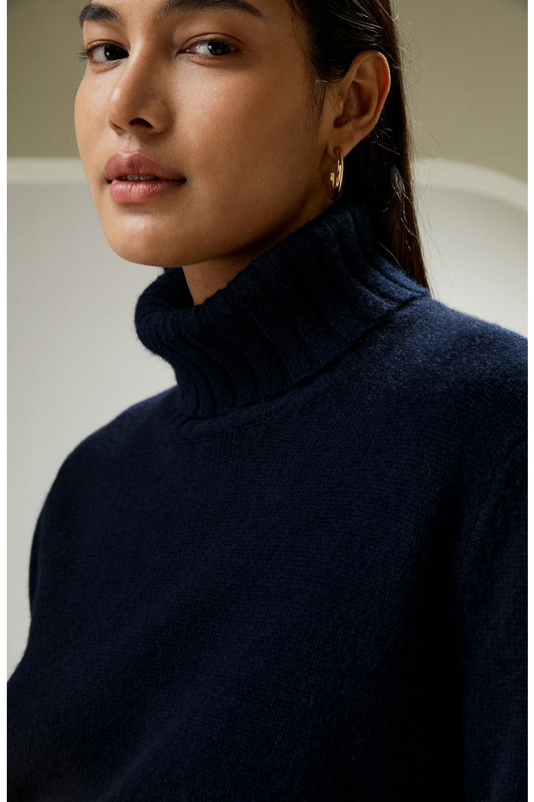 Women's Turtleneck Sweater with Rib Hemline, Alternate, color, Navy Blue