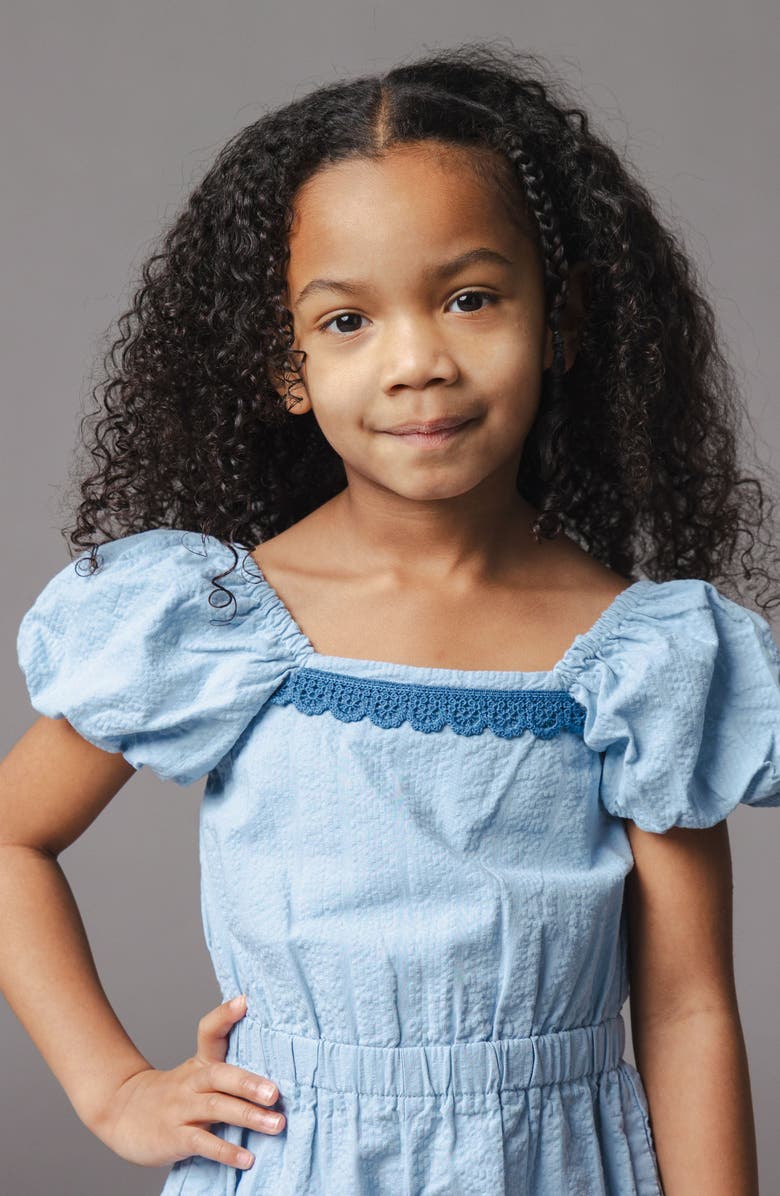 Hope & Henry Kids' Organic Puff Sleeve Seersucker Romper, Alternate, color, Bluebell