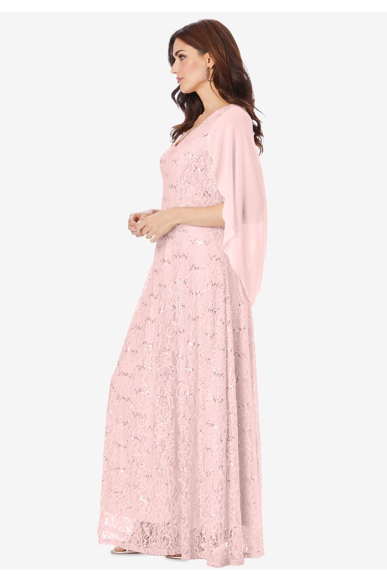 Plus Size Allover Lace Gown With Capelet, Alternate, color, PALE BLUSH