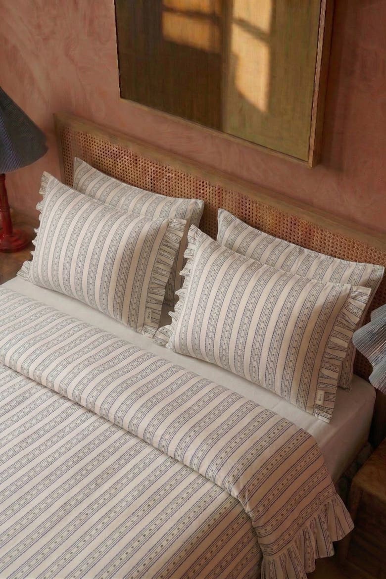 Cotton Striped Ruffle Bedding Set, Alternate, color, Navy Ditsy Floral
