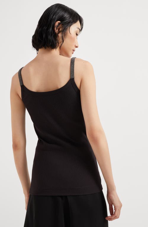 Brunello Cucinelli Stretch Cotton Ribbed Jersey Top With Precious Straps In Black