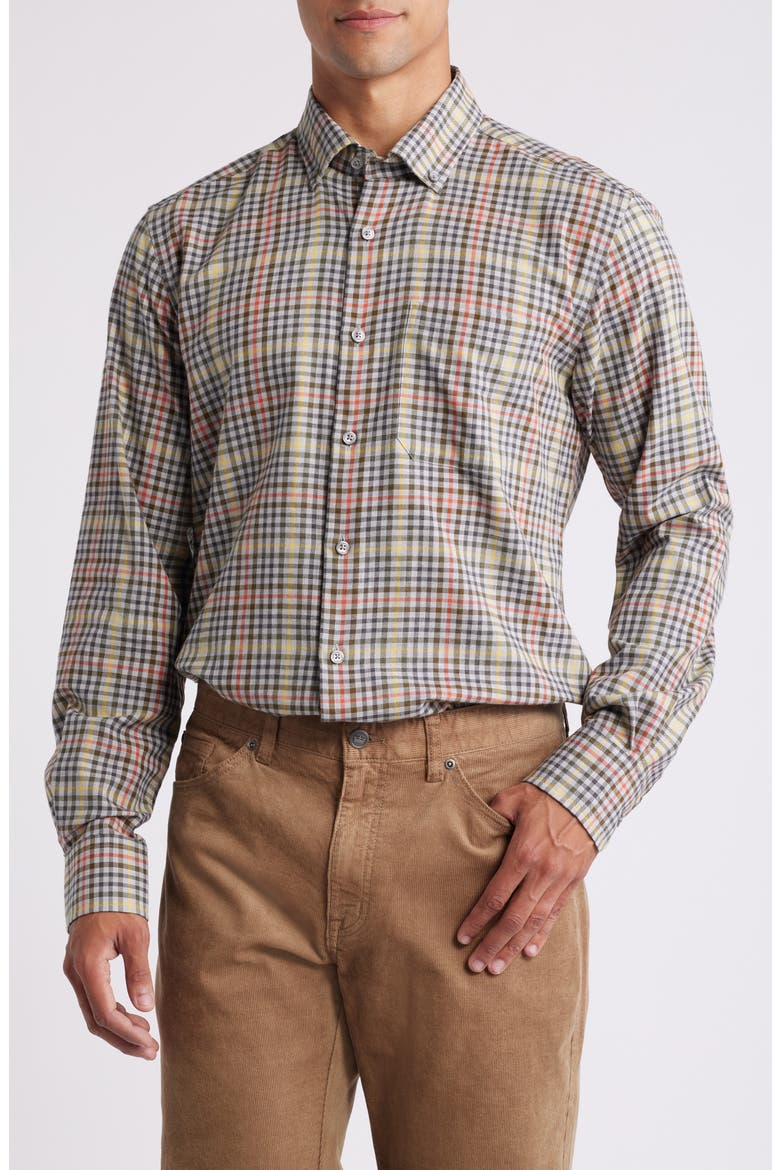 Lightweight Mixed Check Cotton Twill Button-Down Shirt, Main, color, GREY HEATHER