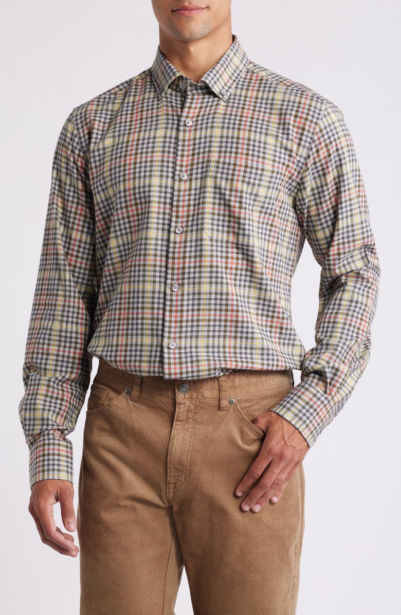 Scott Barber Lightweight Mixed Check Cotton Twill Button-Down Shirt, Main, color, 