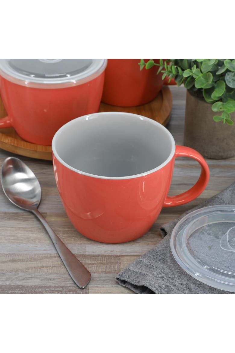 4 Piece 25 Ounce Stoneware Soup Cup Set with Lid in Red, Alternate, color, Red