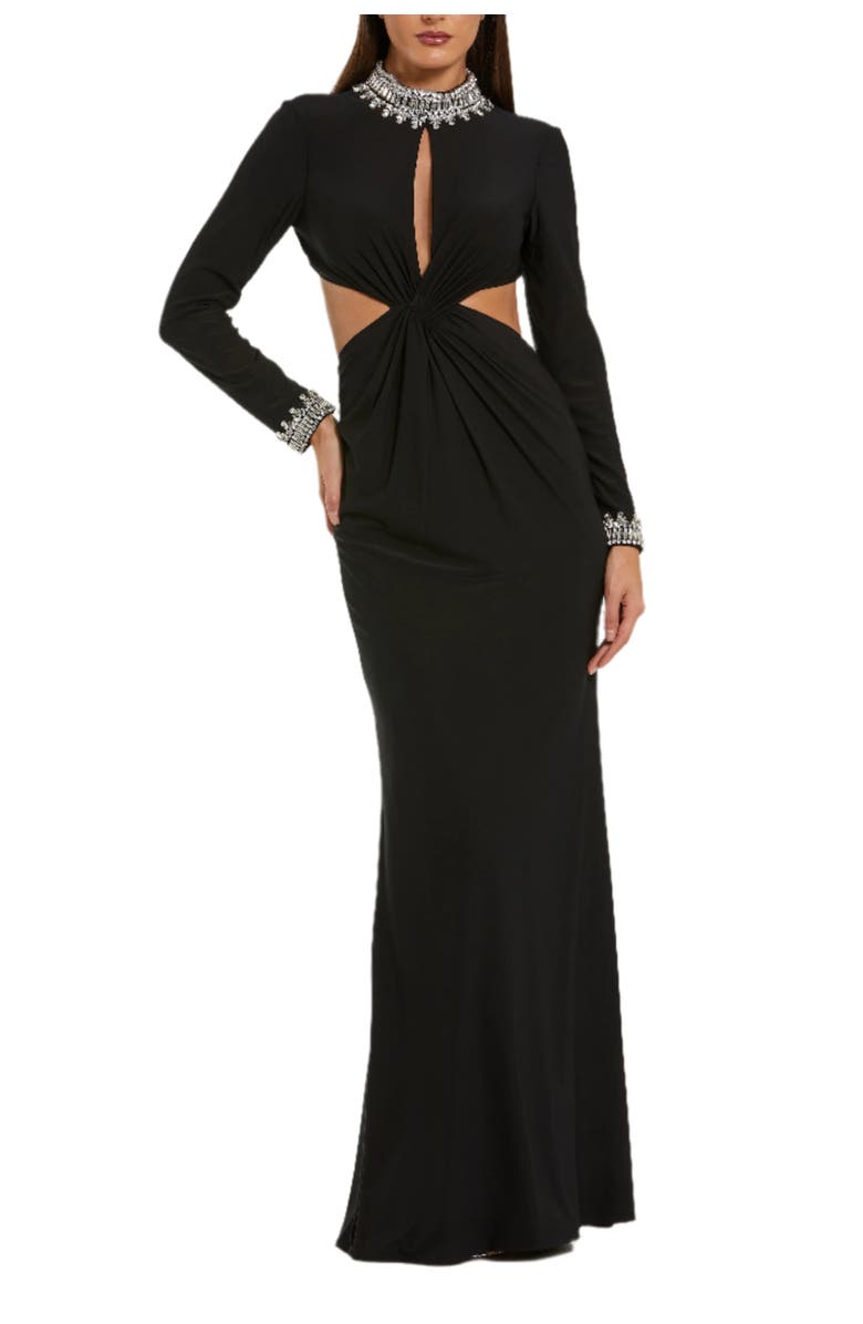 Mac Duggal Embellished Jersey Long Sleeve Cut Out Evening Gown, Main, color, Black