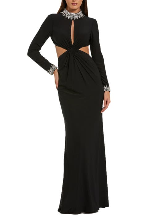 Embellished Jersey Long Sleeve Cut Out Evening Gown