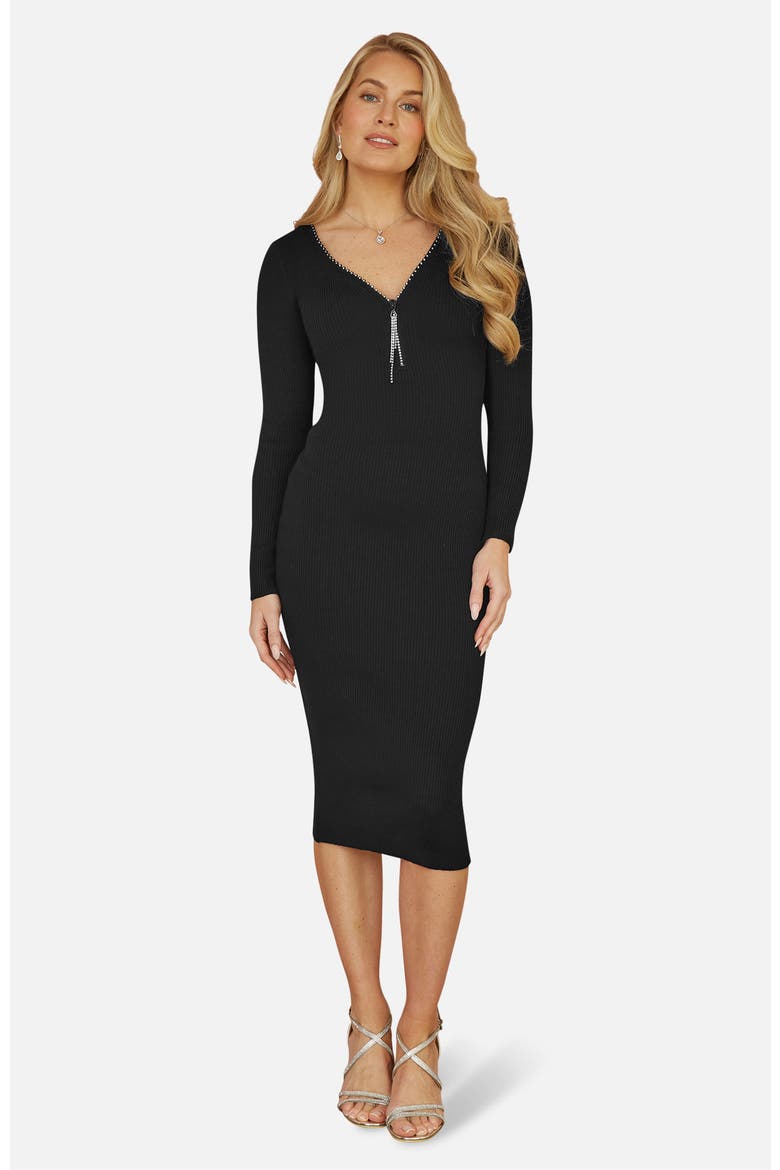 Ribbed Zip-Neckline Fitted Midi Dress, Main, color, Black