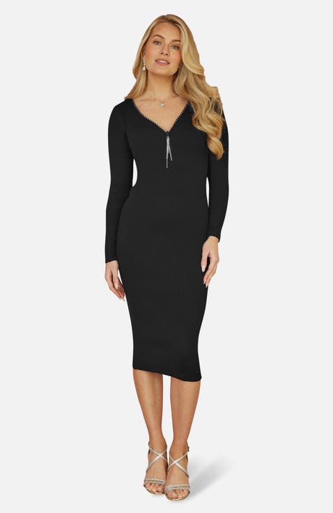Ribbed Zip-Neckline Fitted Midi Dress