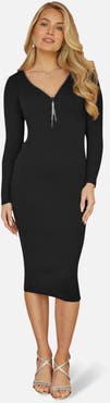 Yumi Ribbed Zip-Neckline Fitted Midi Dress