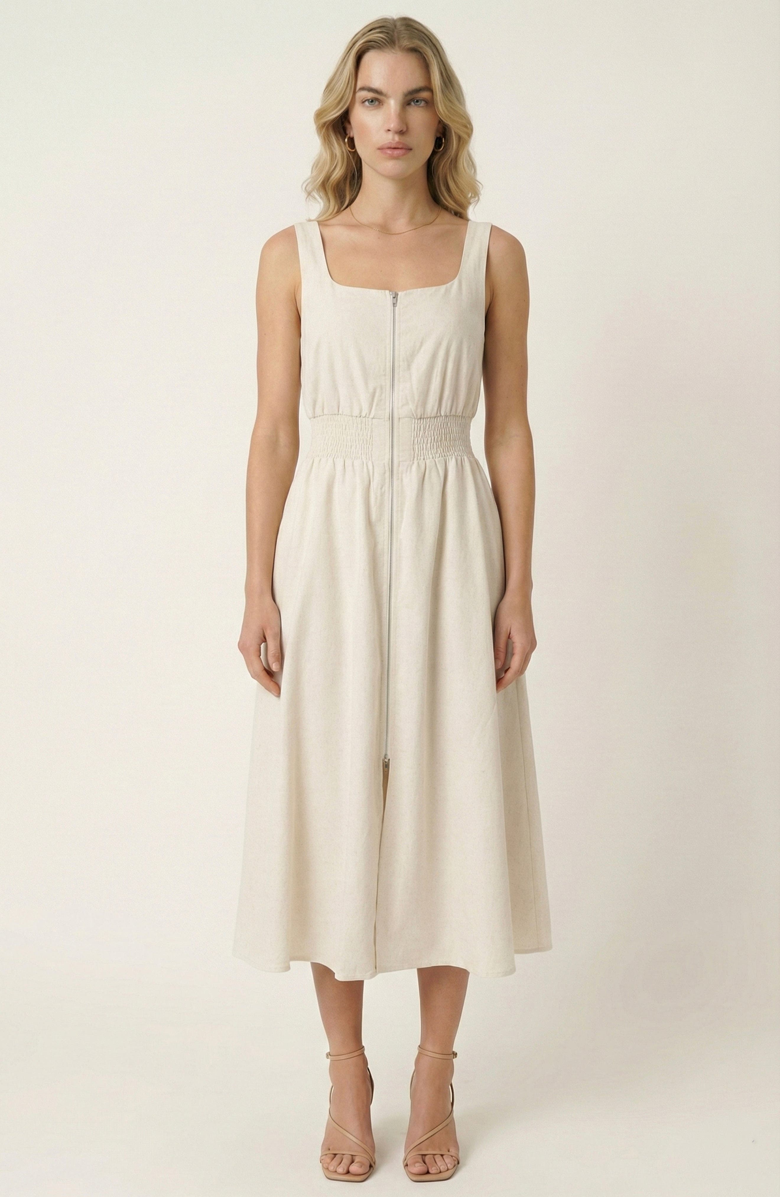 Sleeveless Smocked Front Zip Midi Dress