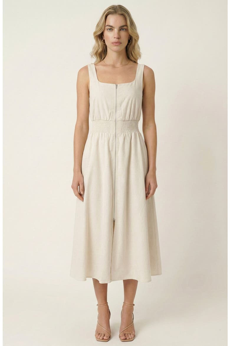 Sleeveless Smocked Front Zip Midi Dress, Main, color, Cream