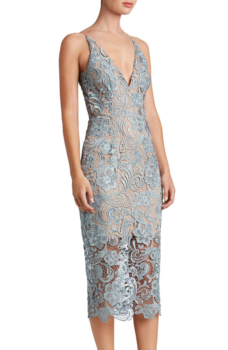 Dress the Population 'Marie' Lace Midi Dress, Alternate, color, Mineral Blue