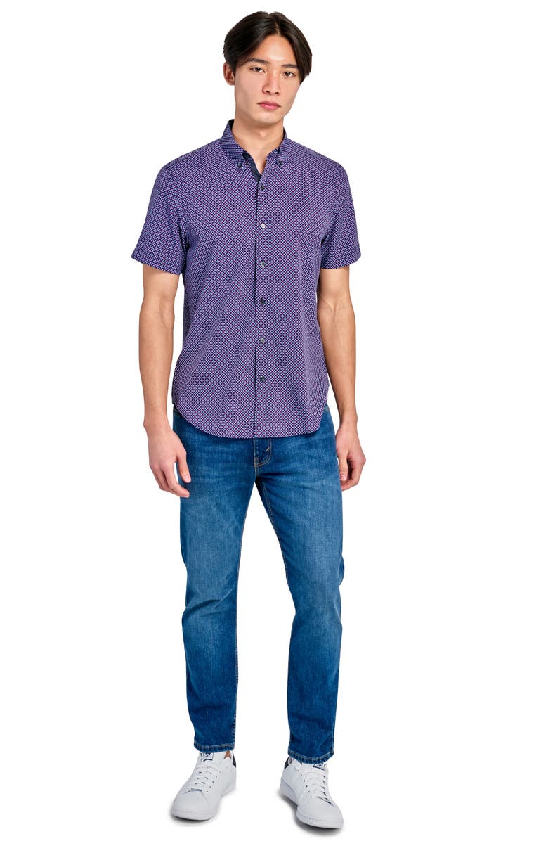 CONSTRUCT Geo Short Sleeve Woven Button Down Shirt, Alternate, color, Navy/ Red