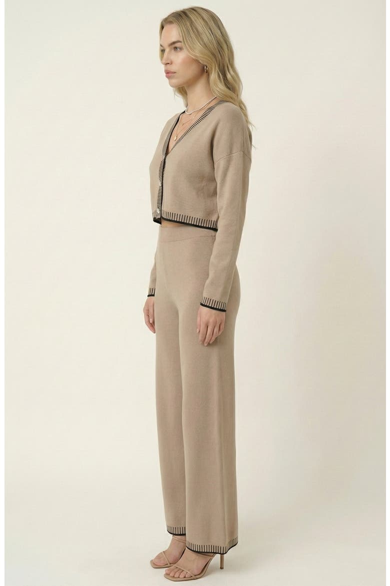 Contrast Trim Knit Cardigan Set, Alternate, color, Beige / Black Trim