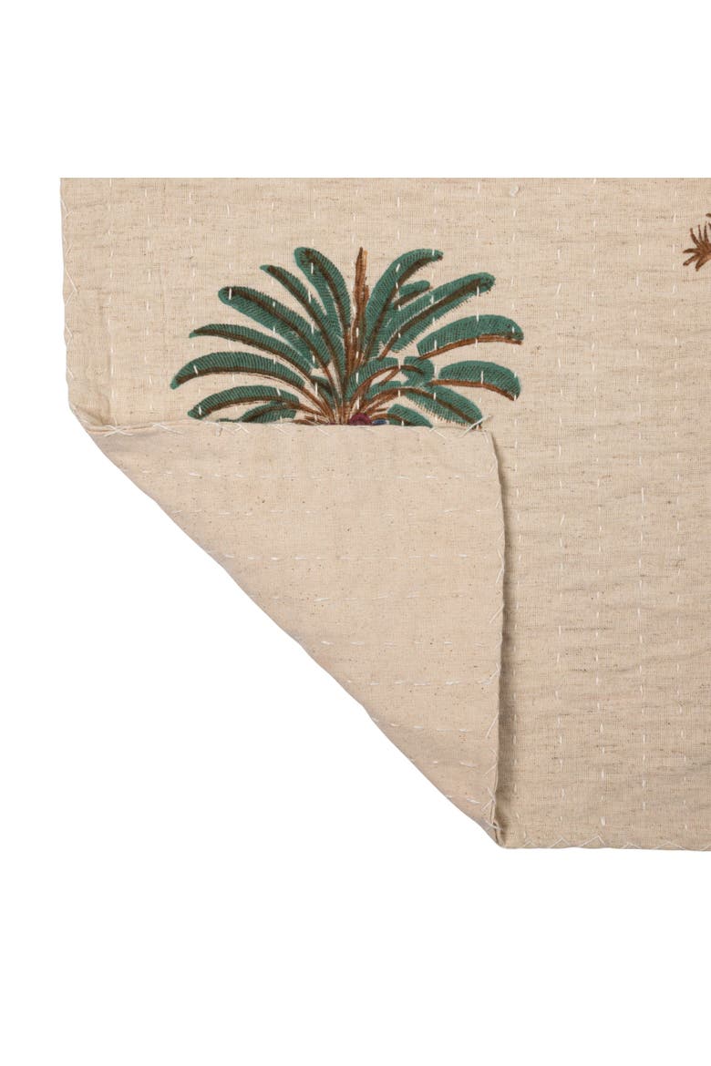 Cotton Linen Blend Block Printed Throw with Palm Trees and Kantha Stitch, Natural, Green and Brown, Alternate, color, Natural