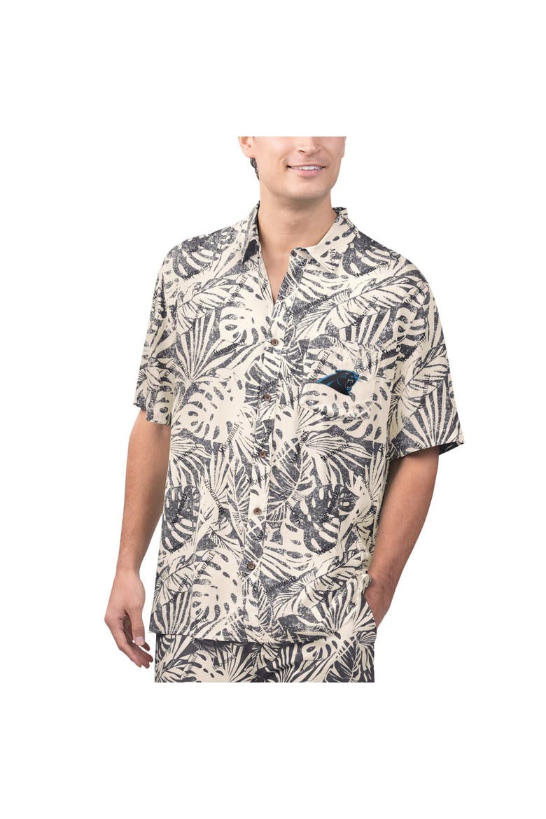 Men's Margaritaville Tan Carolina Panthers Sand Washed Monstera Print Party Button-Up Shirt, Main, color, Cream
