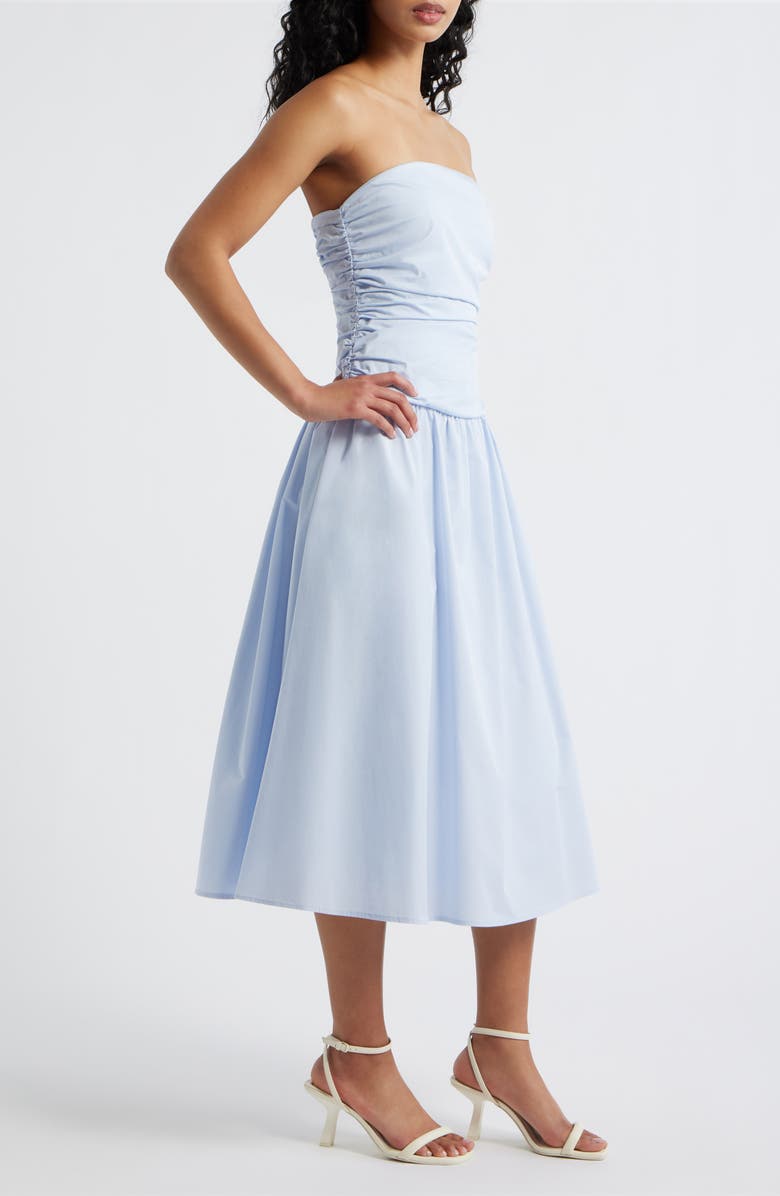 Lulus Molly Ruched Bodice Strapless A-Line Midi Dress, Alternate, color, Light Blue