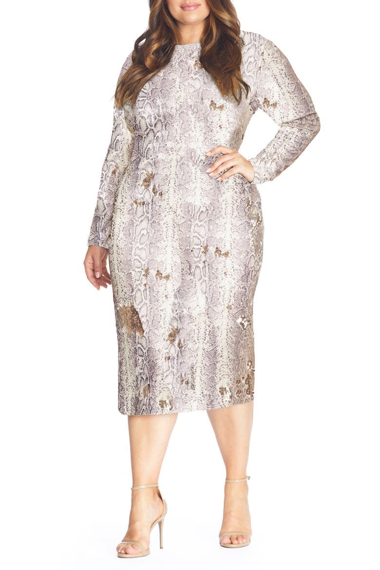 Emery Long Sleeve Sequin Cocktail Dress, Main, color, PYTHON GOLD MULTI