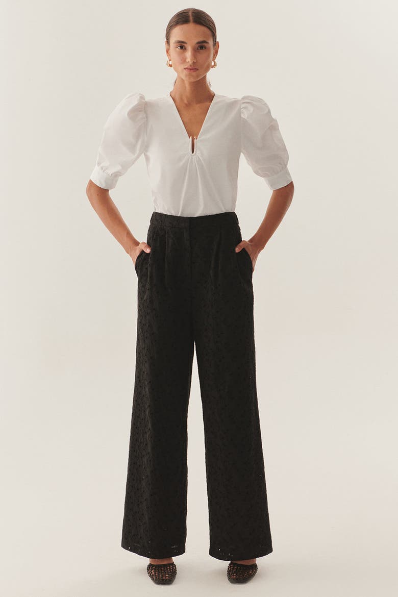 Broderie Anglaise Fabric Pants, Main, color, BLACK