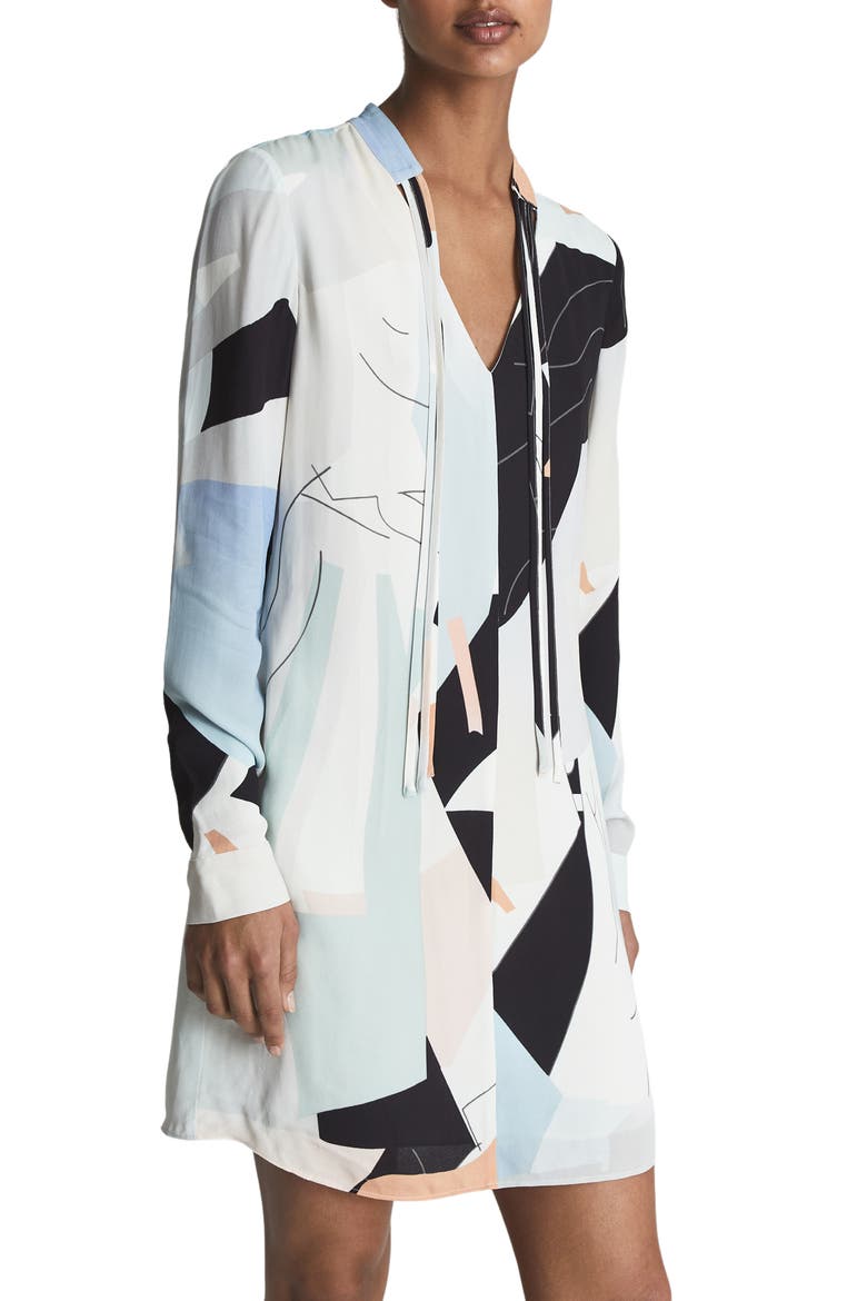 Rosa Print Tie Neck Long Sleeve Shift Dress, Alternate, color, BLUE