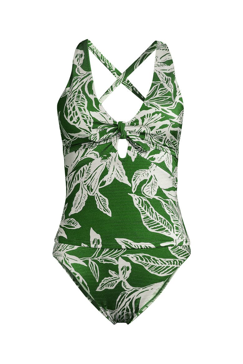 Shine Ribbed Tankini Top and High Waisted Bottom Swimsuit Set, Alternate, color, Green Etched Leaves Shine