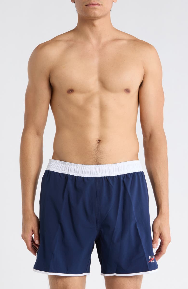 Speedo<sup>®</sup> Logo Volley Swim Trunks, Main, color, Navy