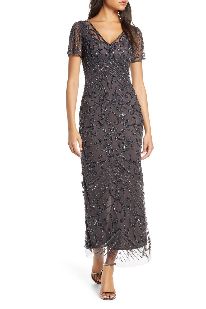 Beaded Mesh Column Gown, Main, color, SLATE