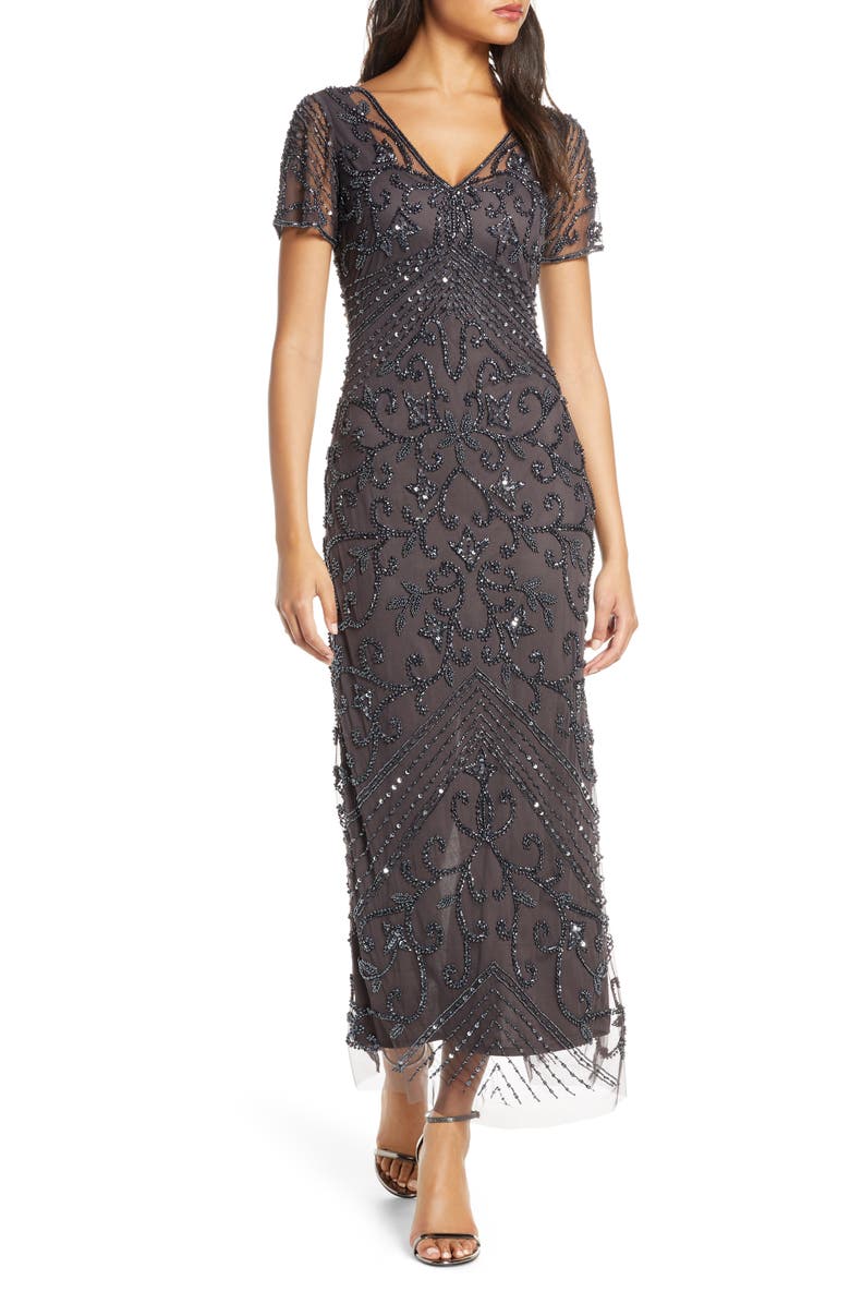 Pisarro Nights Beaded Mesh Column Gown, Main, color, Slate