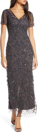 Pisarro Nights Women's Beaded Mesh Column Gown - Blue - Gowns