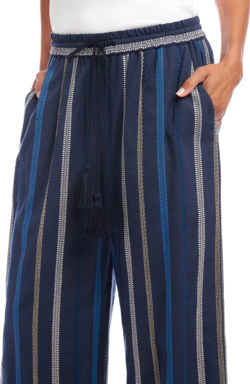 Karen Kane Stripe Embroidered Wide Leg Cotton Pants In Blue