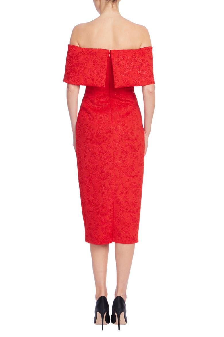 Floral Embossed Off the Shoulder Scuba Midi Dress, Alternate, color, RED
