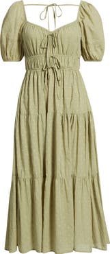 Blu Pepper Puff Sleeve Tiered Cotton Midi Dress