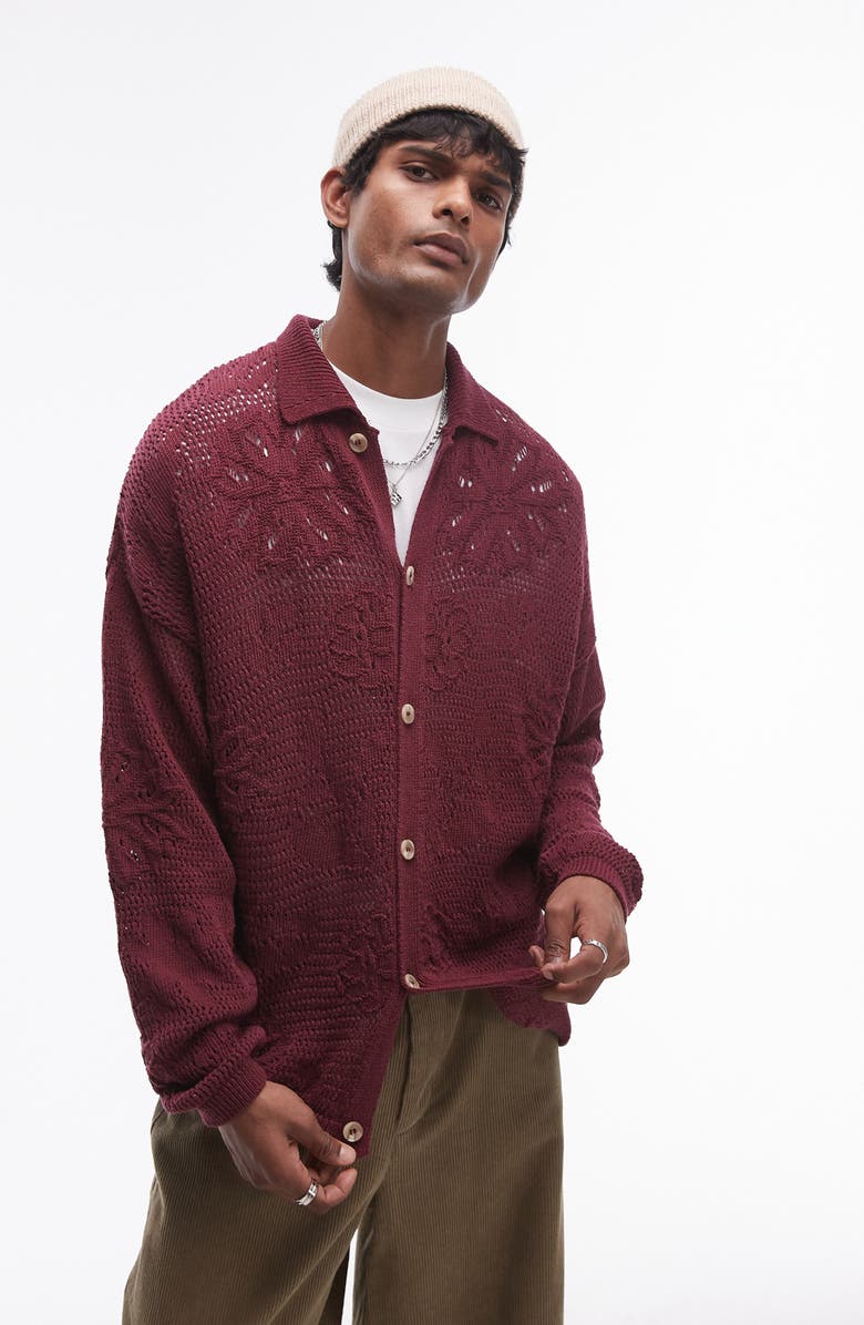 Topman Oversize Floral Jacquard Cotton Pointelle Cardigan, Main, color, 