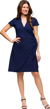 24seven Comfort Apparel Maternity Mandarin Collar Knee Length Wrap Dress