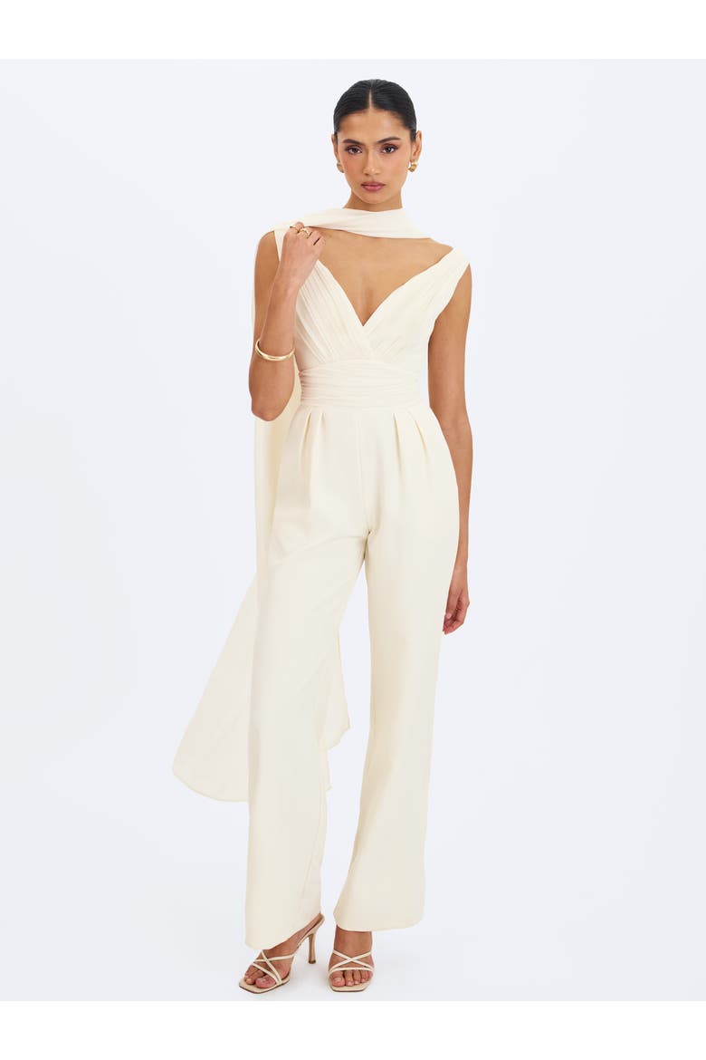 Harper Ruched V-Neck Jumpsuit with Scarf, Alternate, color, Ivory