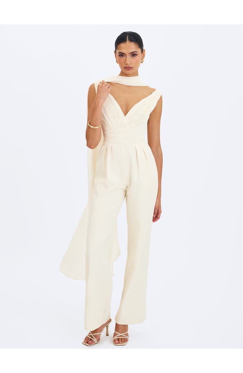 Miss Circle Harper Ruched V-Neck Jumpsuit with Scarf, Alternate, color, Ivory