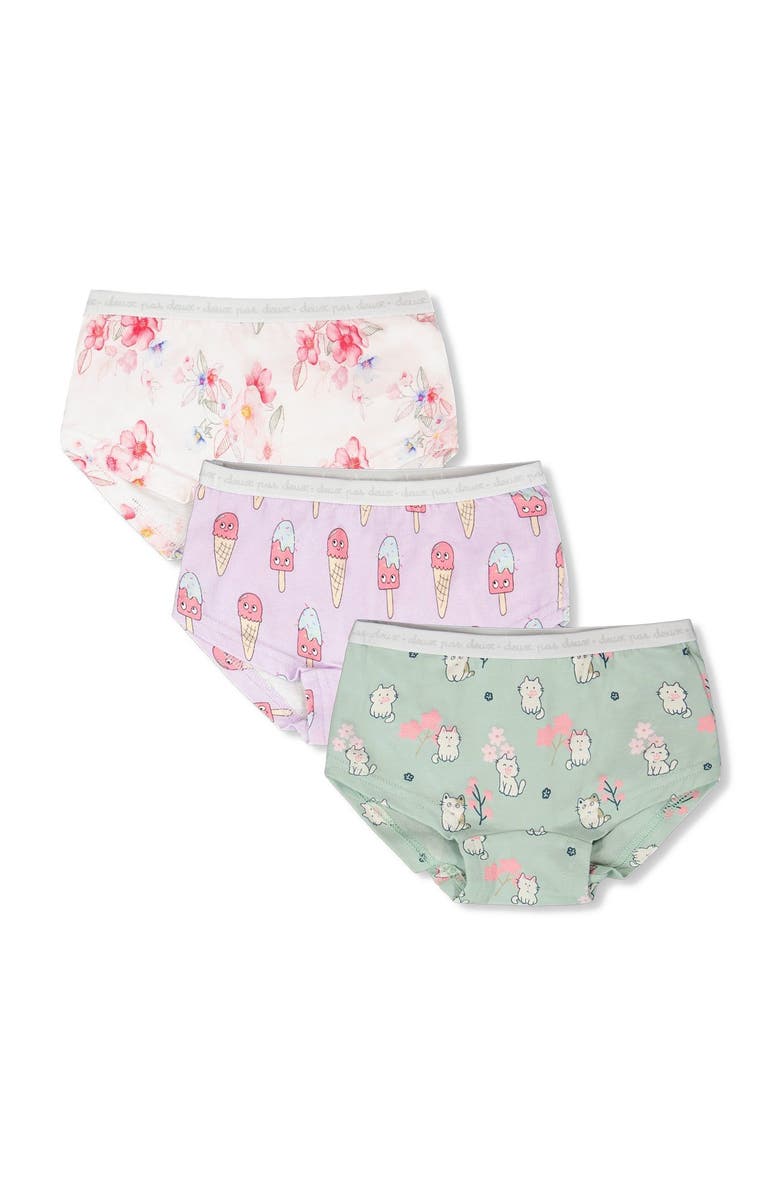 Deux par Deux Boyshort Panties (Pack Of 3) Organic Cotton, Main, color, Green Kitten Print