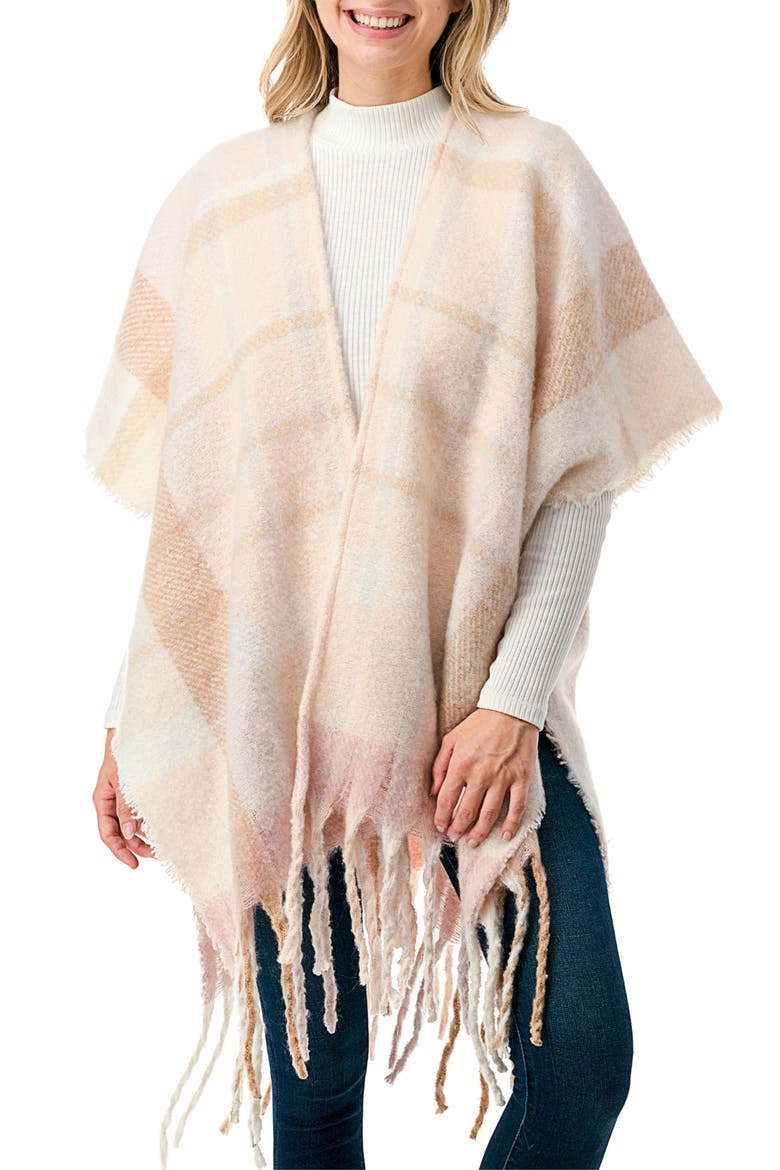 Fringe Plaid Ruana, Main, color, IVORY