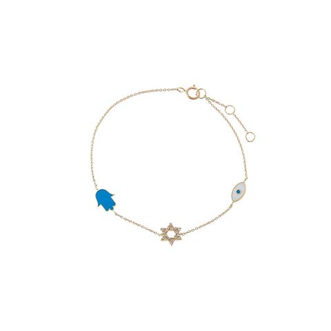Diamond & Colored Enamel Jewish Charms Bracelet 14K