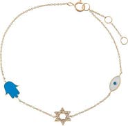 BY ADINA EDEN Diamond & Colored Enamel Jewish Charms Bracelet 14K