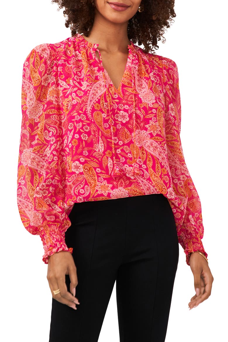 Tie Neck Smocked Blouse, Main, color, FUCHSIA/ PINK/ ORANGE