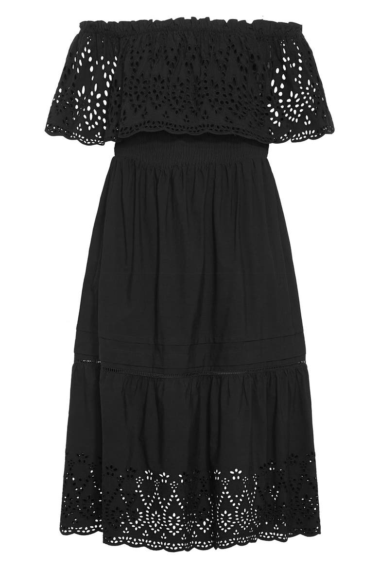 Jayde Off the Shoulder Ruffle Cotton Dress, Alternate, color, BLACK