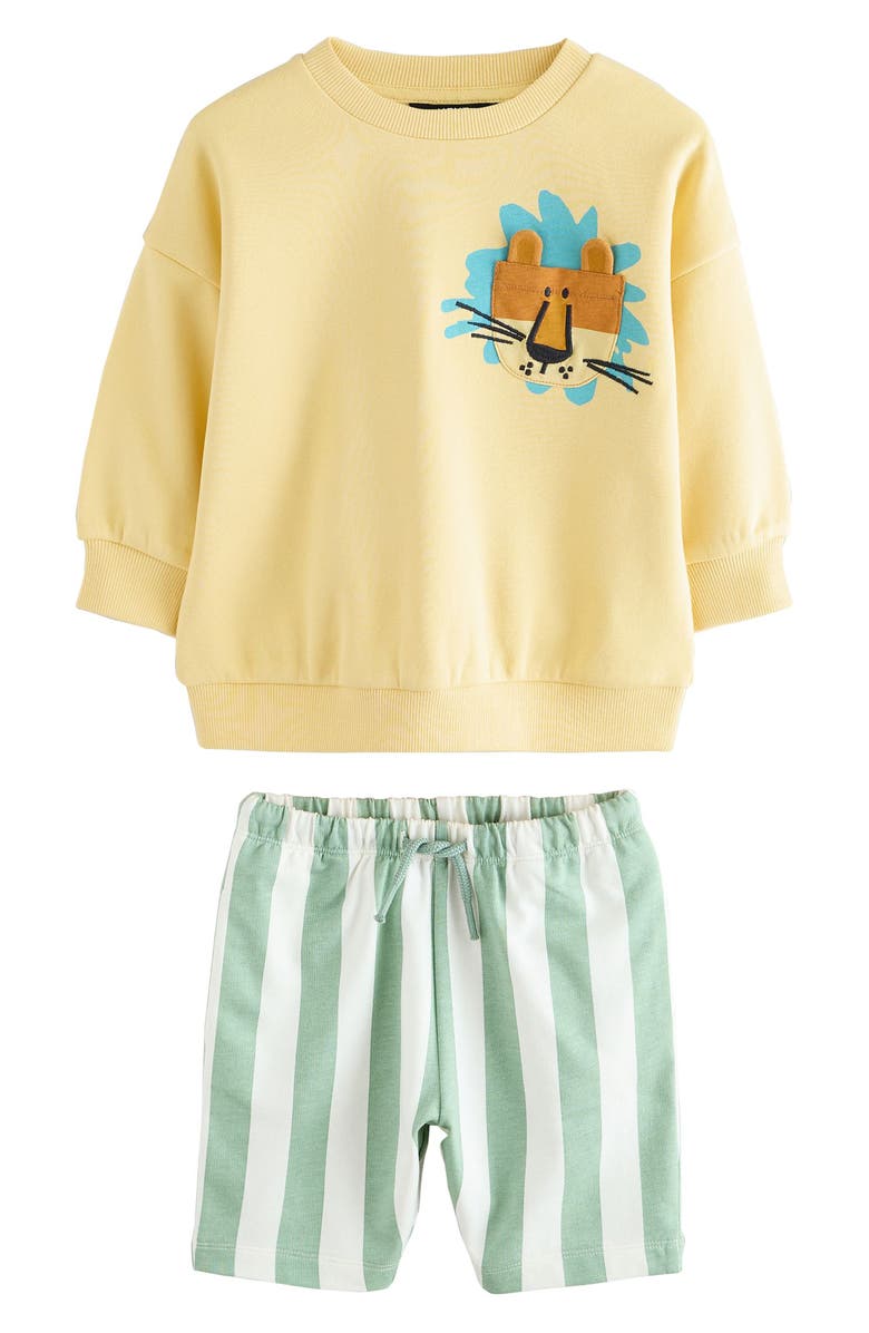 NEXT Kids' Lion Sweatshirt & Stripe Shorts Set, Main, color, Green