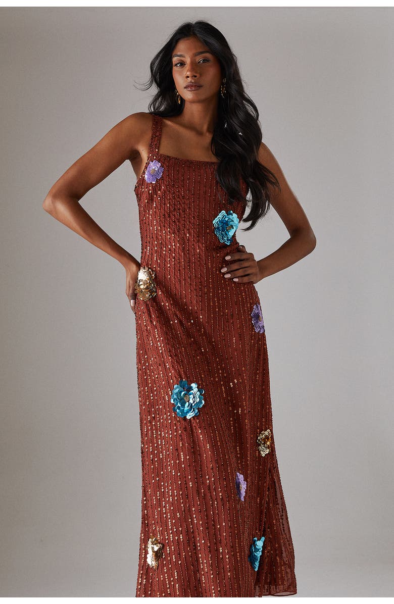 Warehouse Hand Embellished Flower Burst Midi Dress, Alternate, color, Rust
