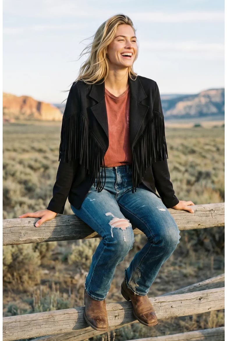 Fringe Long Sleeve Jacket, Alternate, color, BLACK
