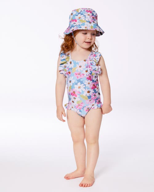 Deux Par Deux Little Girl's Printed One-piece Swimsuit With Frills White, Pink, And Green Flowers In Green